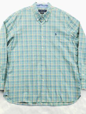 Ralph Lauren Shirt Mens XL Green Blue Stretch Long Sleeve Flip Cuffs Button-Down